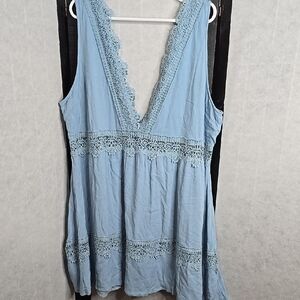 Blue Lace Trim Sleeveless Dress